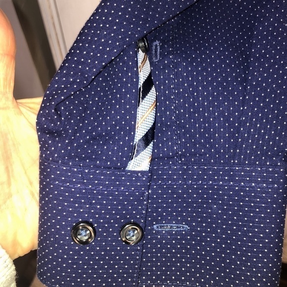 Men’s Mickelsons London Slim Fit Stretch Navy Dot Long Sleeve Dress Shirt Size L - Picture 5 of 10
